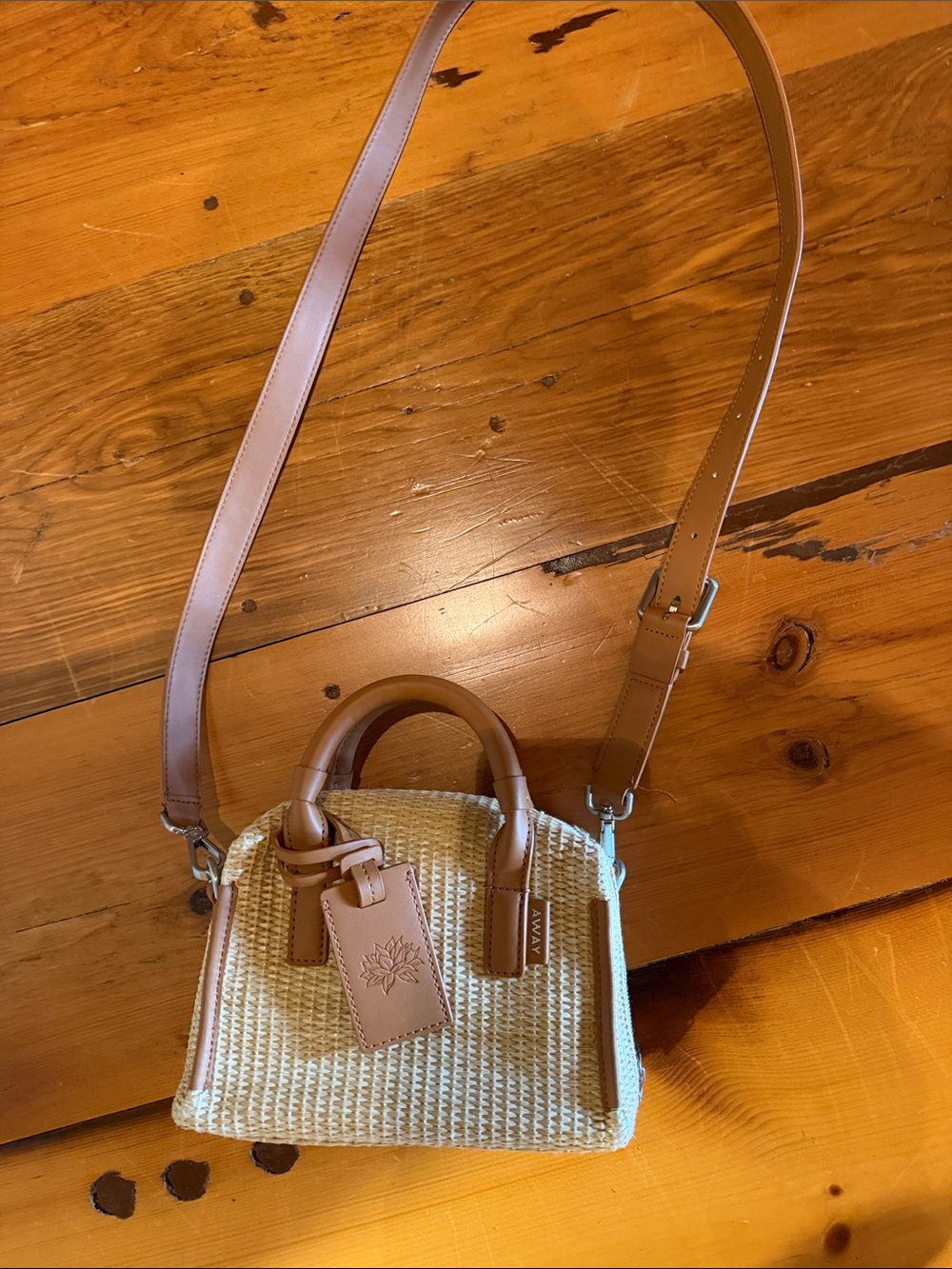 AWAY Woven Straw Crossbody Bag with Tan Trim white lotus edition! Very rare.